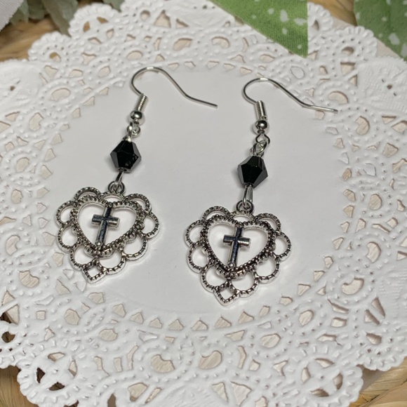 Graceful Filigree Heart Silver Cross Dangle Earrings - Picture 2 of 10